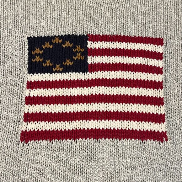Vintage 90s Liberty USA Gray Knit Sweater American Flag Crewneck Cotton XL - Picture 2 of 8